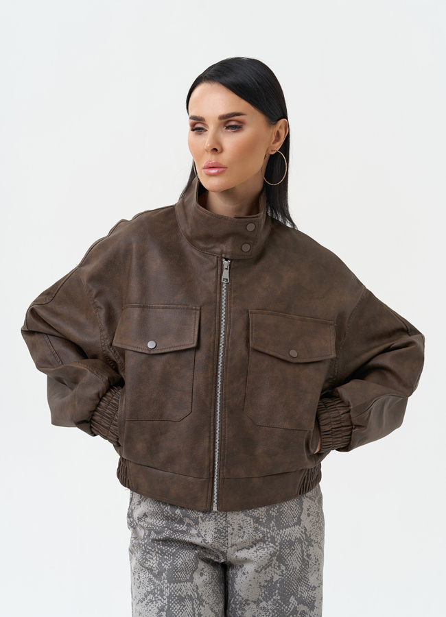 Куртка бомбер из эко кожи с воротником стойкой модель № 30378 меха малина