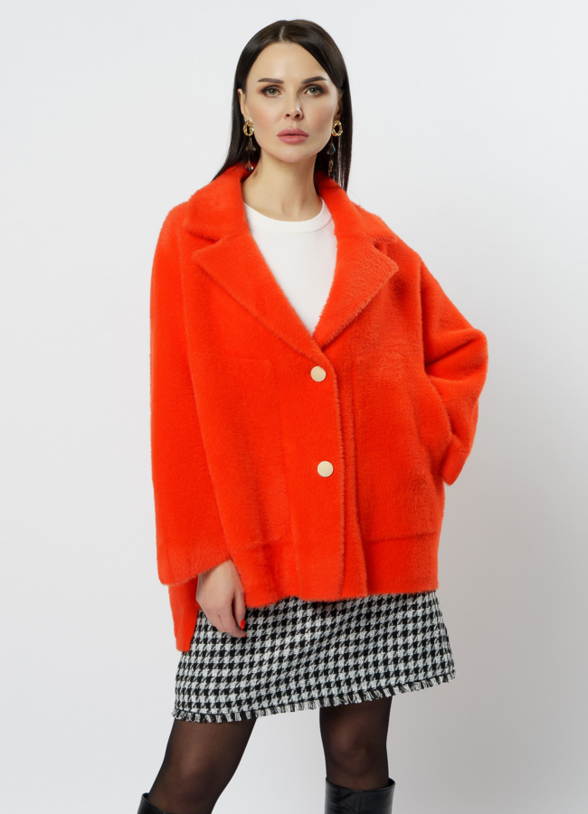 Кардиган с удлиненной спинкой оранжевого цвета модель № 18313 меха малина