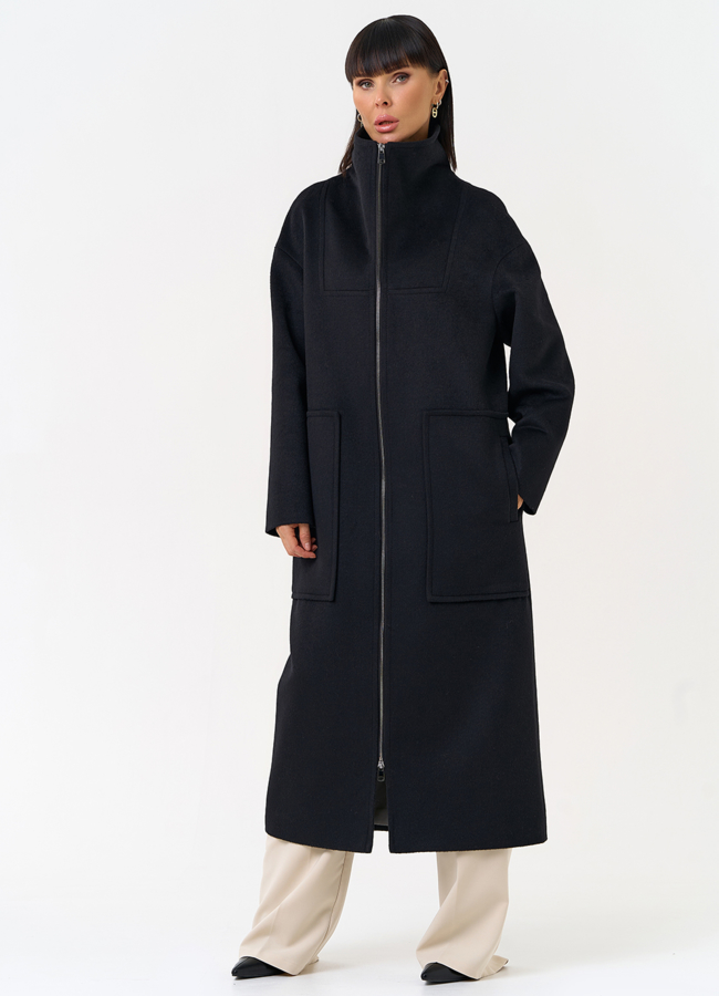 Женское пальто черного цвета с воротником стойкой модель № 31687 универмаг малина