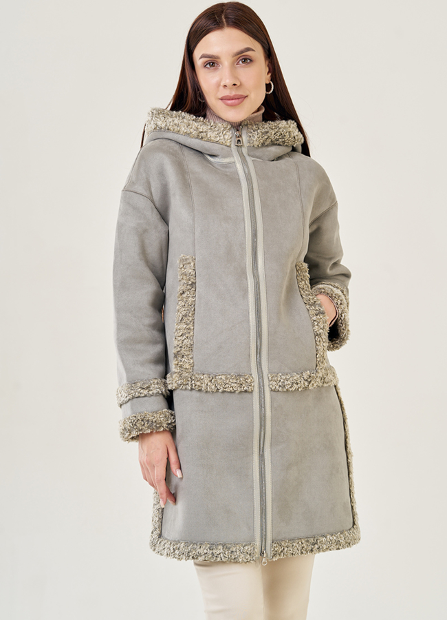 Женская дубленка из эко кожи с капюшоном светло-зеленого цвета модель № 23068 в рассрочку