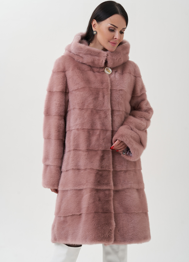 Женская норковая шуба с капюшоном  модель № 25696 меха малина
