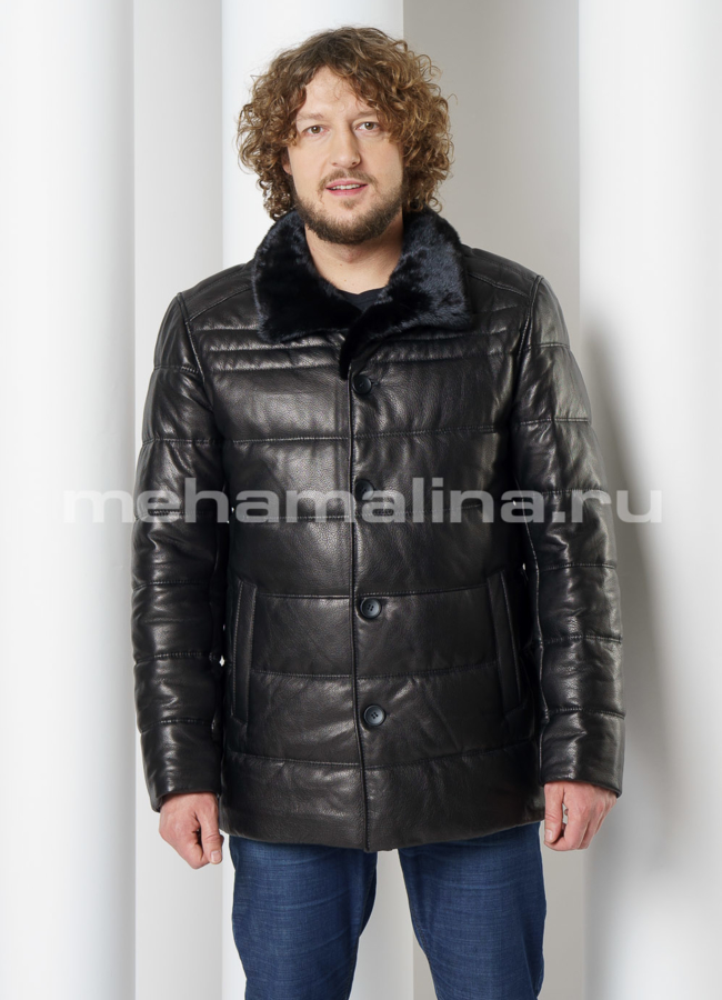 Пуховик из натуральной кожи, отделка норка модель № KP-231 меха малина
