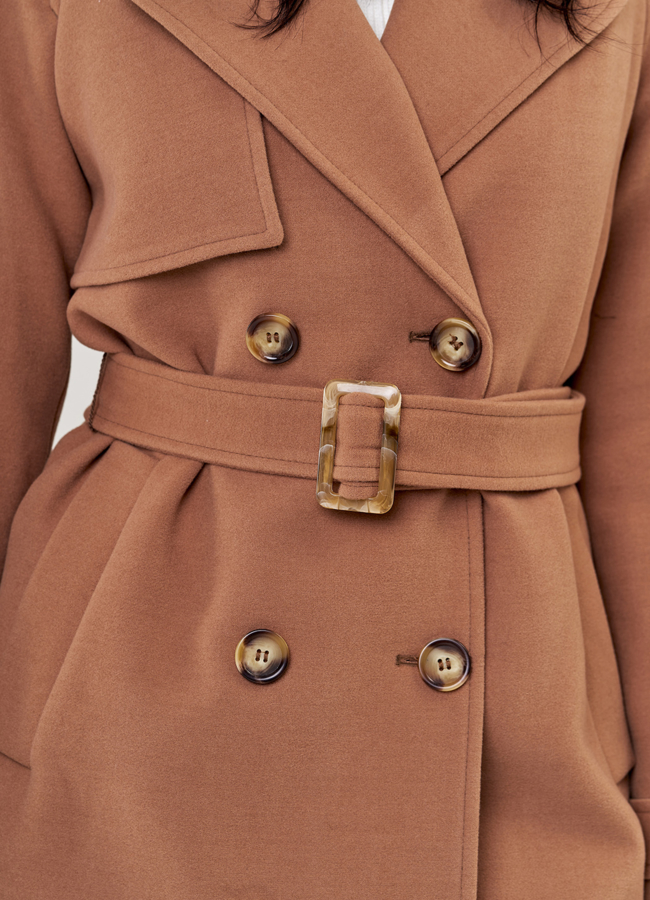 Женское пальто коричневого цвета с поясом модель № 21377 универмаг малина