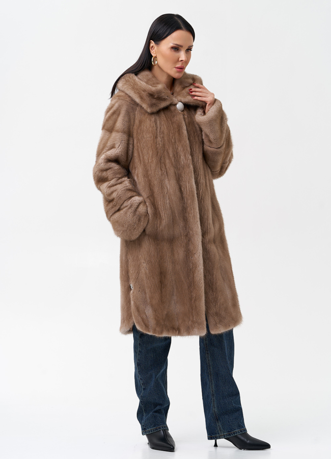 Шуба из норки бежевого цвета с капюшоном модель № 27773 универмаг малина
