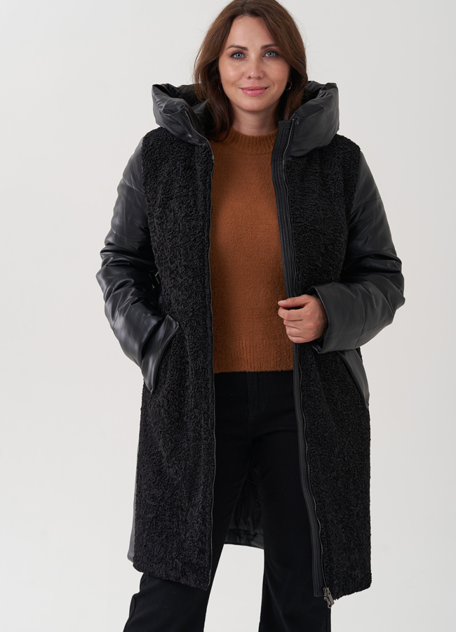 Пуховик из эко кожи с капюшоном модель № 25342 в рассрочку