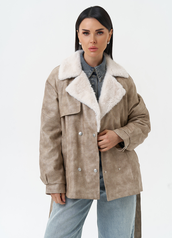 Женская куртка из эко кожи с отделкой из эко меха модель № 30213 меха малина