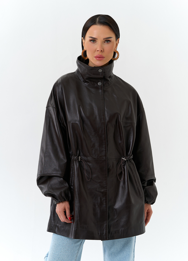 Куртка из натуральной кожи с воротником стойка модель №  меха малина