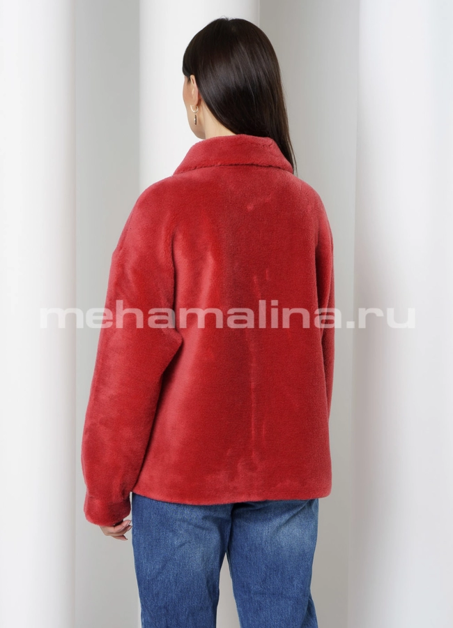 Укороченная шуба из эко меха красного цвета модель № 1012 в кредит