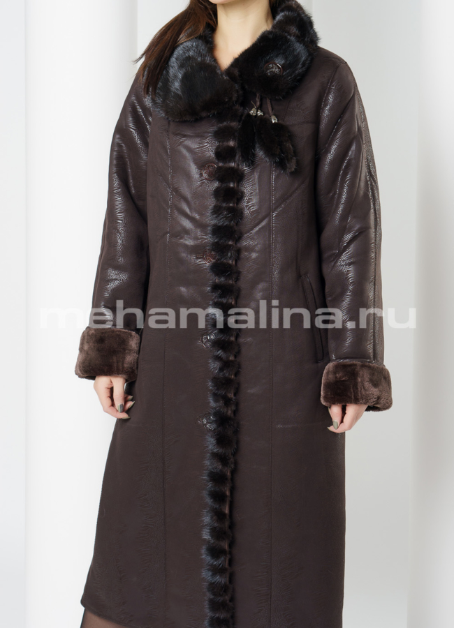 Удлиненная эко дубленка с отделкой из норки модель № J010 универмаг малина