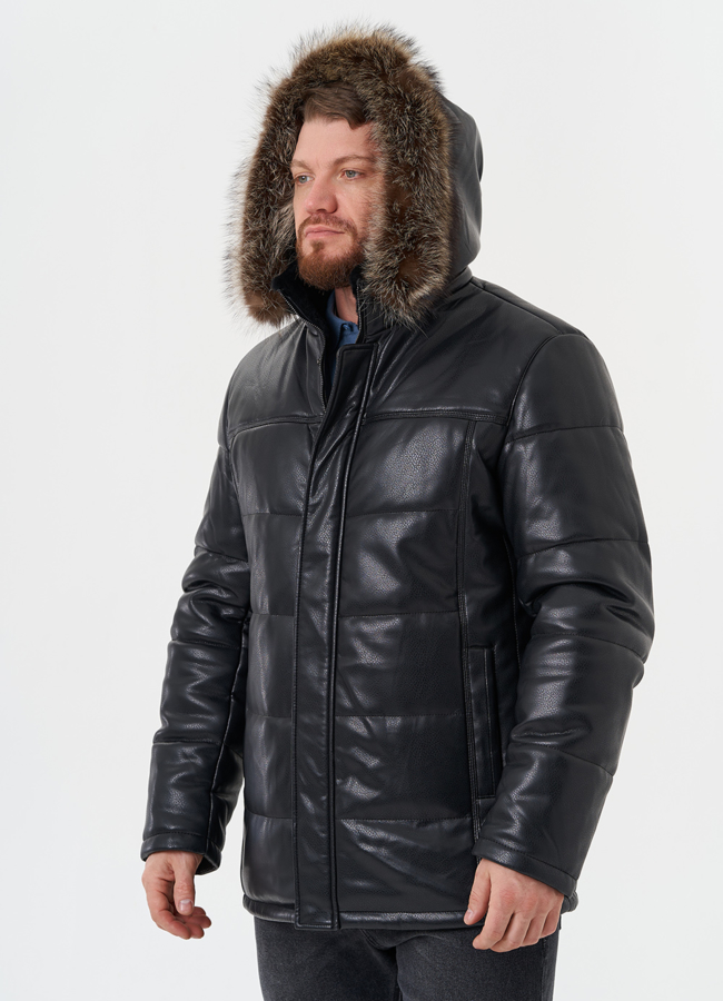 Куртка из эко кожи с отделкой из меха енота модель № 28583 универмаг малина