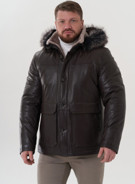 Пуховик из натуральной кожи с капюшоном