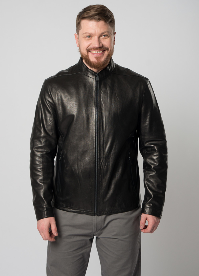 Куртка кожаная черного цвета на молнии модель № W9099 в кредит