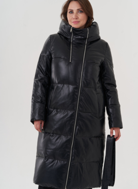 Женский пуховик из эко кожи с капюшоном