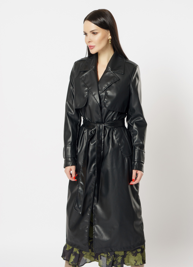 Плащ женский из эко кожи черного цвета модель № 03 в кредит