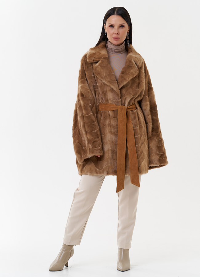 фото Женская шуба из скандинавской норки с поясом модель № 27636