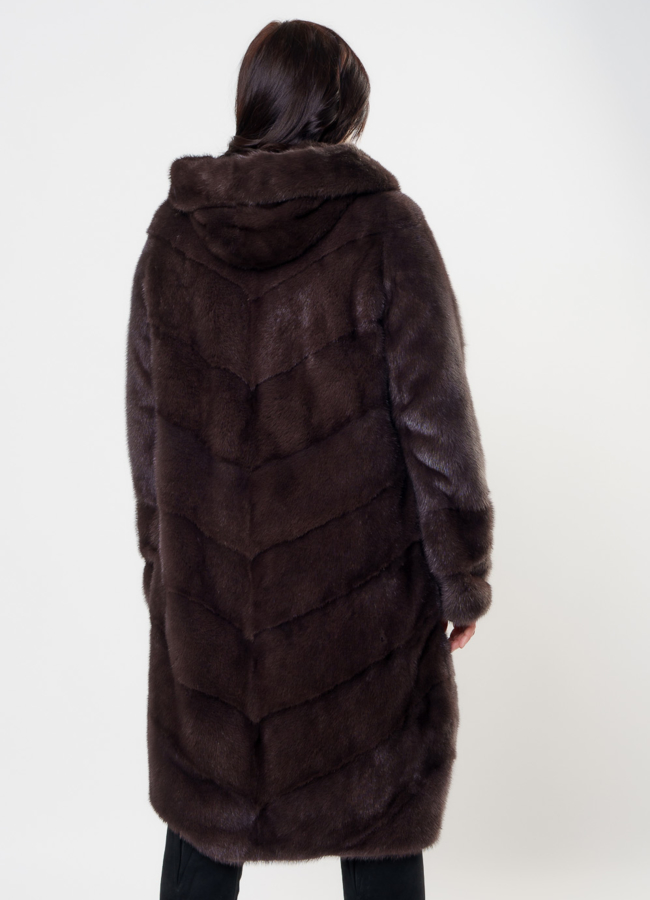 Длинная норковая шуба с капюшоном модель № S-1005 в кредит