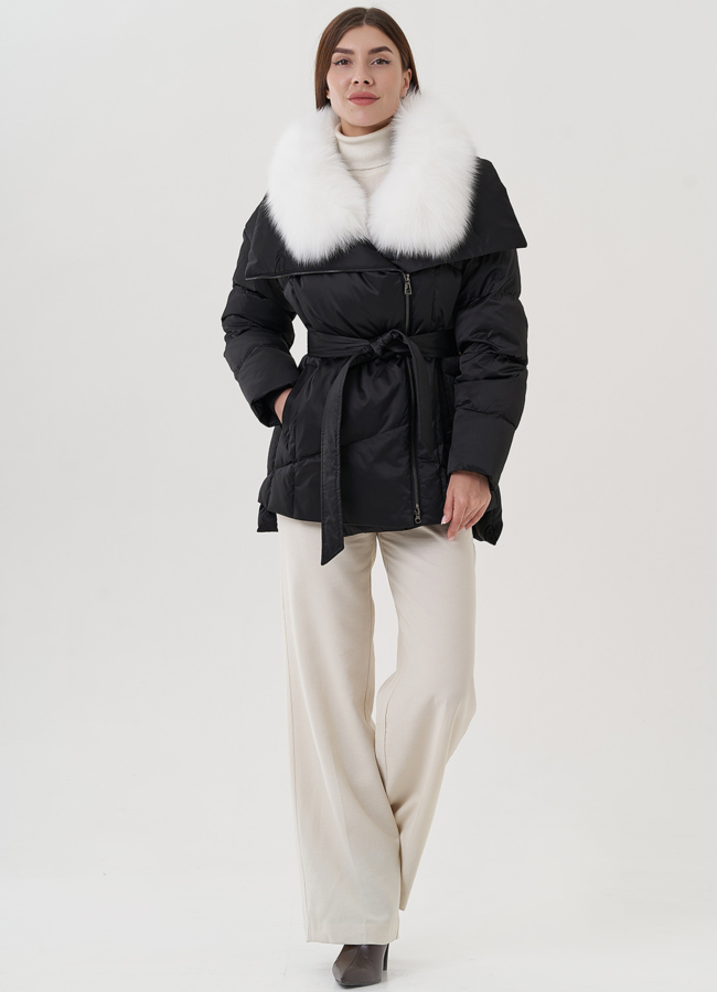 Короткий женский пуховик с поясом модель № 25729 универмаг малина