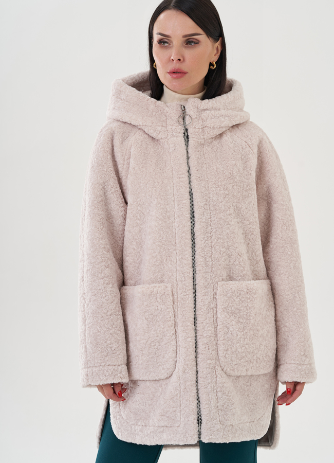 Полупальто женское с капюшоном модель № 24608 меха малина