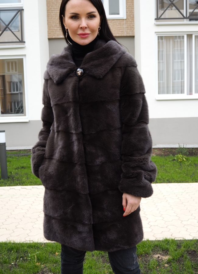 Женское пальто из норки в поперечном раскладе модель № S-764 в рассрочку