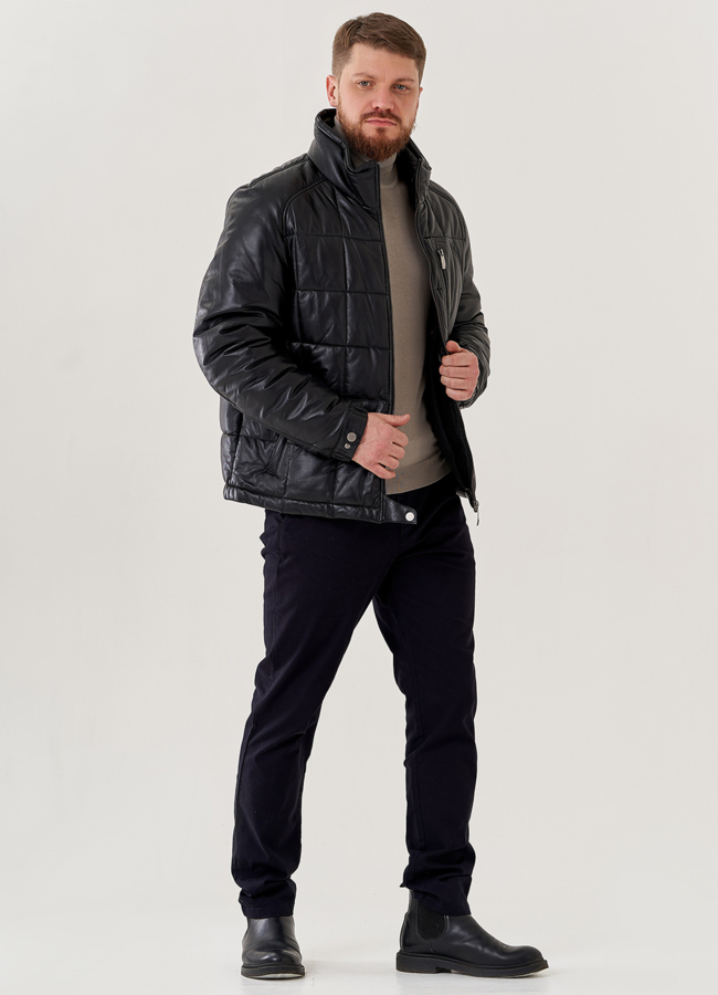 Мужской пуховик из натуральной кожи со стойкой  модель № 78959 в кредит