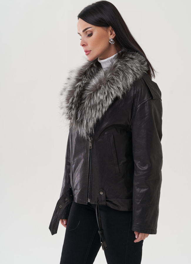 Женская куртка из натуральной кожи с отделкой из чернобурки модель № 25374 универмаг малина