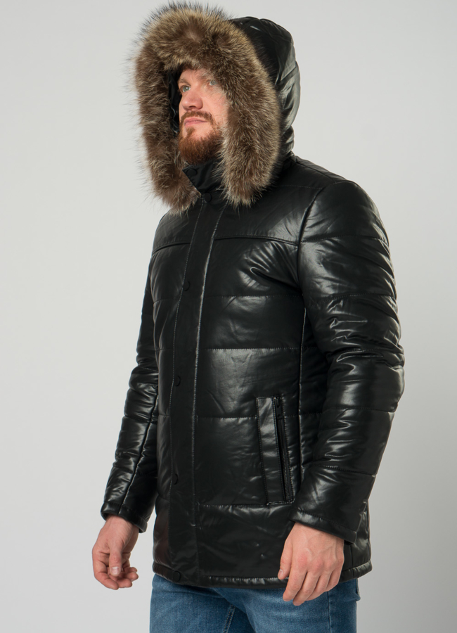 Мужской пуховик из эко кожи с капюшоном и отделкой из енота модель № 21967 универмаг малина