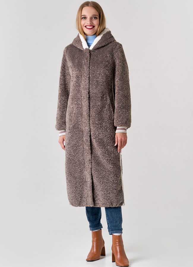 Удлиненное пальто с капюшоном в бежевом цвете модель № 21569 универмаг малина