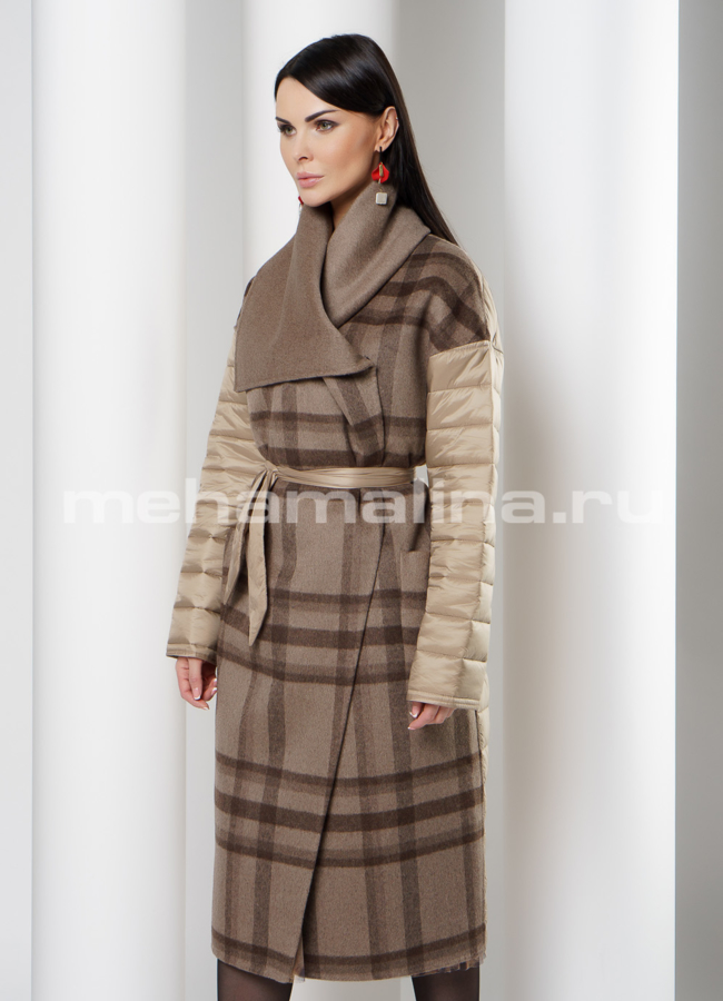 Комбинированное пальто бежевого цвета модель № 3434 универмаг малина