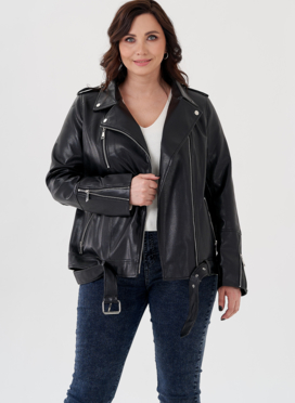 Удлиненная куртка косуха в черном цвете с ремнем Удлиненная куртка косуха в черном цвете с ремнем