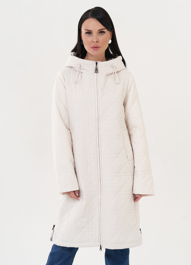 фото Светлое стеганое пальто с капюшоном модель № 27008