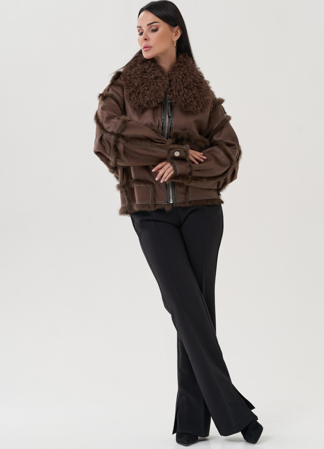 фото Куртка шоколадного цвета с мехом кролика модель № 25549