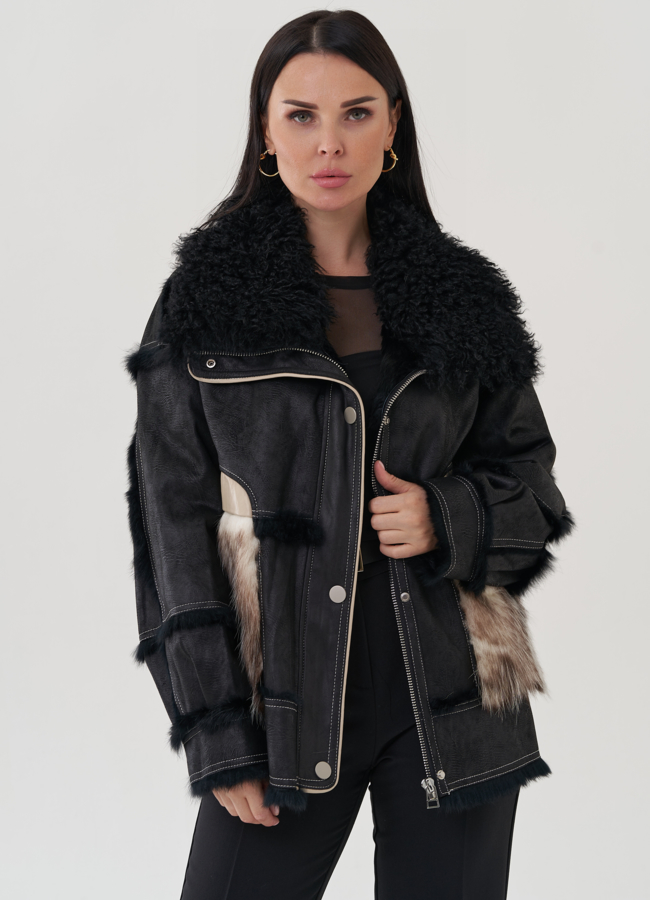 Куртка черного цвета с деталями из меха кролика модель № 25543 универмаг малина