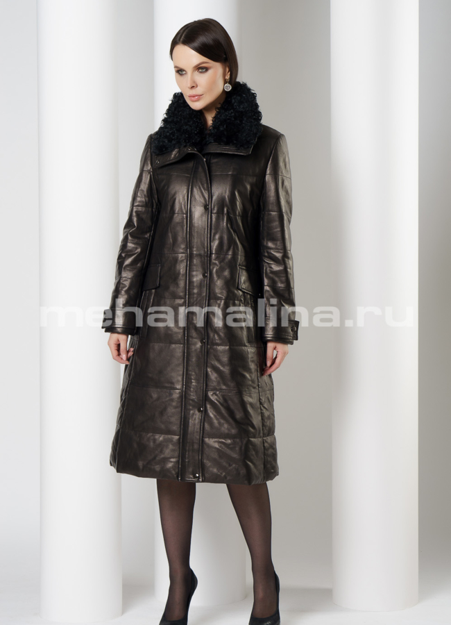 Приталенный кожаный пуховик на молнии с воротником модель № 916 в рассрочку