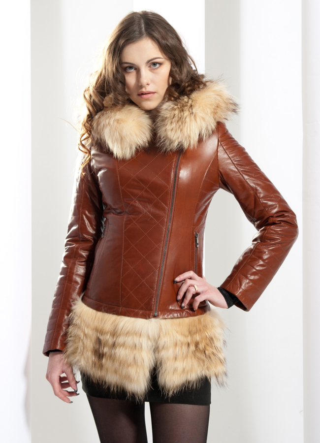Кожаная куртка с мехом модель № K-31 меха малина