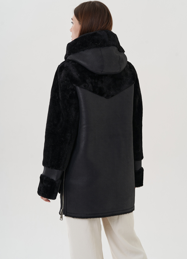 фото Двухсторонняя женская эко дубленка черного цвета модель № 25402