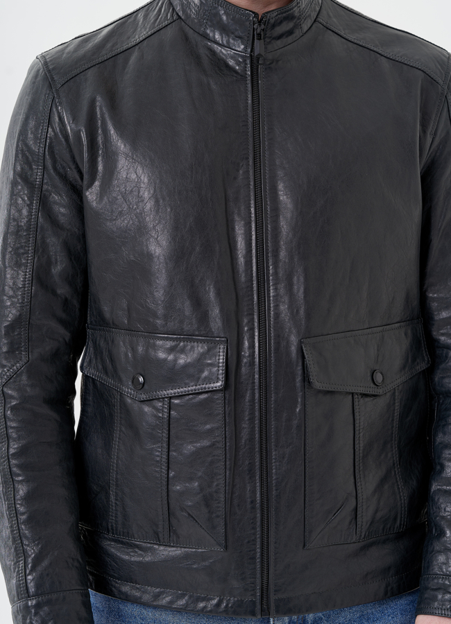 Мужская кожаная куртка серого цвета  модель № 24481 универмаг малина