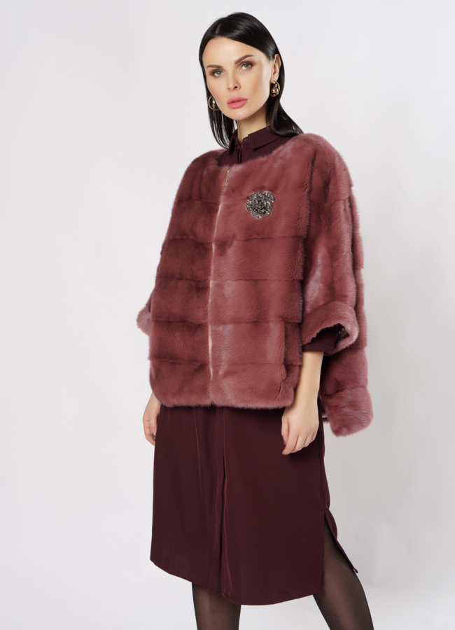 Куртка из норки розового цвета на молнии модель № S-865 меха малина