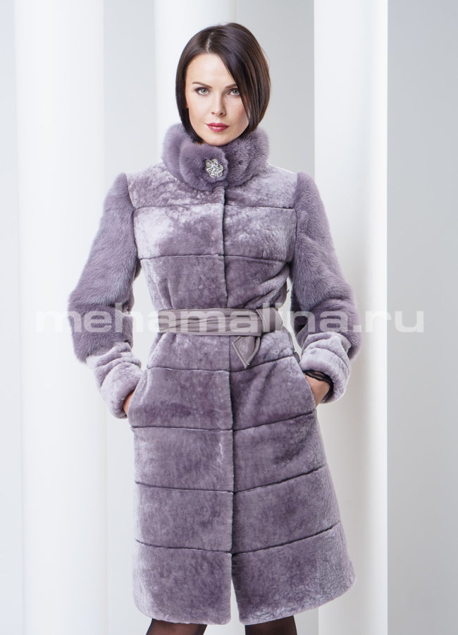 Шуба из мутона с норкой, цвет сапфир модель № S-289 универмаг малина