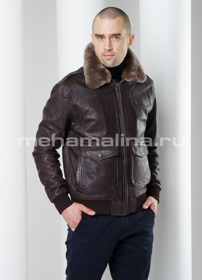 Кожаная куртка на резинке модель № KP-219 универмаг малина