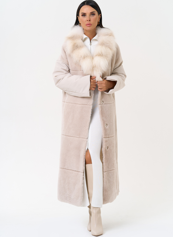 Комбинированное женское пальто из меха овчины с поясом
