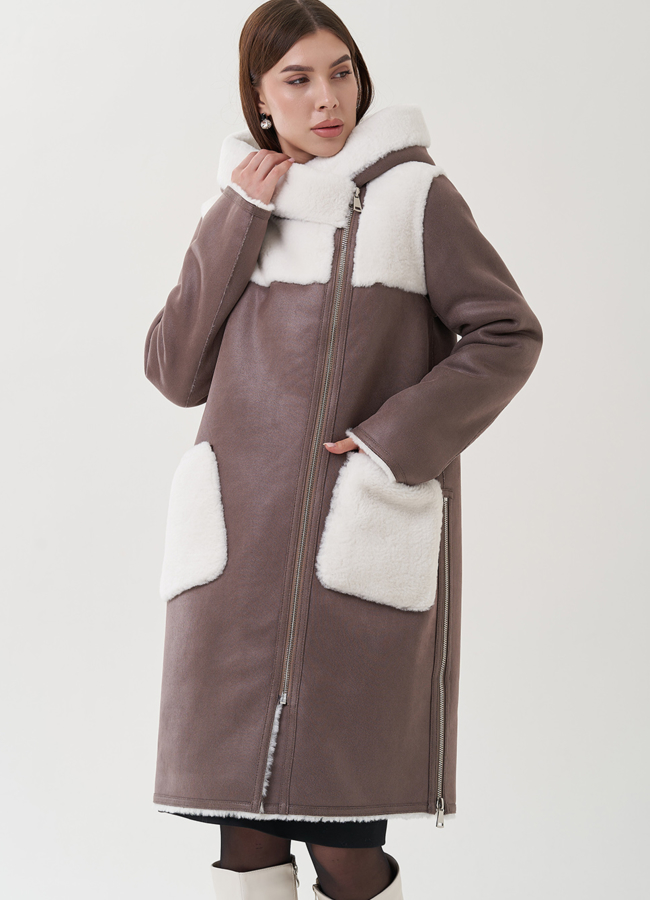 фото Двухсторонняя дубленка в цвете мокко модель № 25404