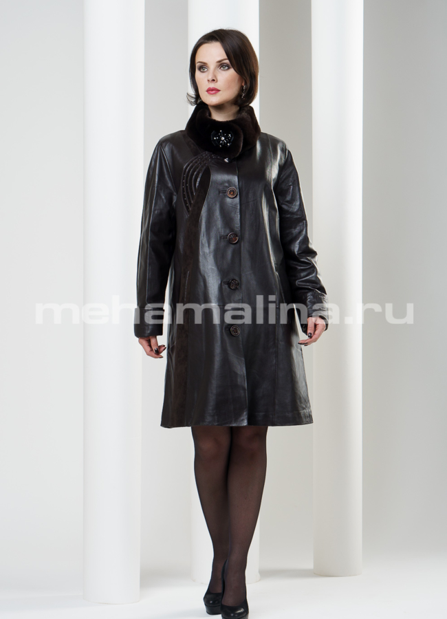 фото Кожаное пальто на пуговице с меховой стойкой модель № K-244 фото Кожаное пальто на пуговице с меховой стойкой модель № K-244
