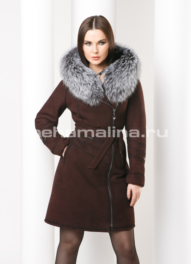 Дубленка с чернобуркой модель № D-161 меха малина