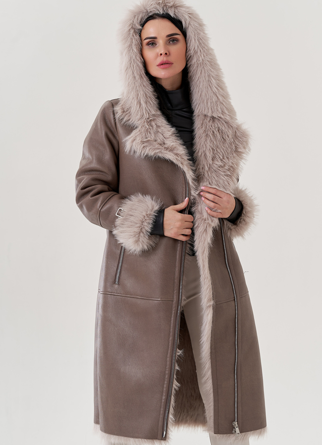 Женская дубленка из эко кожи с отделкой под тоскану  модель № 79494 в рассрочку