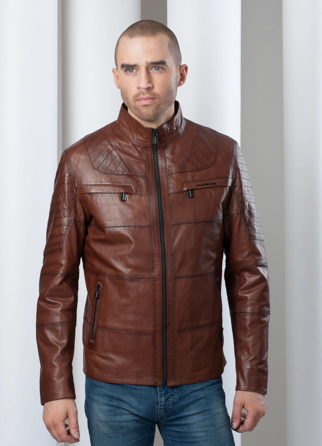 Кожаная куртка строченная, воротник-стойка модель № KP-37 в кредит