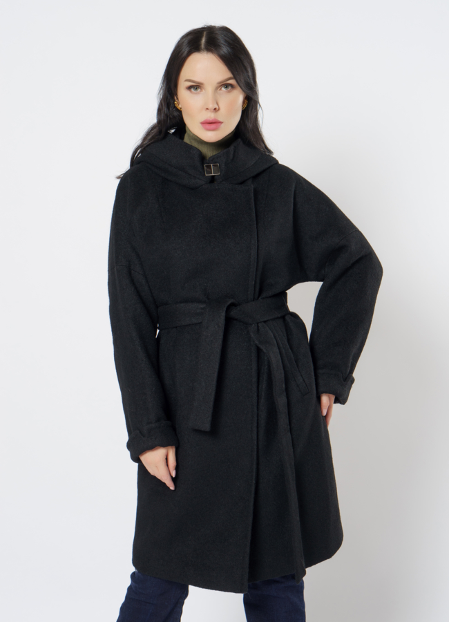 Полупальто женское в черном цвете с капюшоном модель № 21542 меха малина