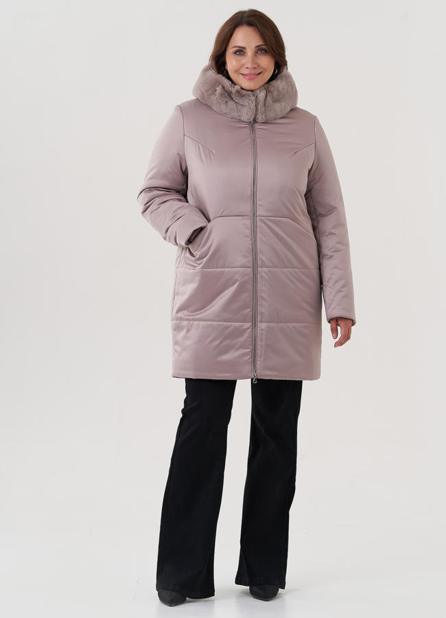 Женский пуховик с отделкой капюшона из кролика модель № 24962 меха малина