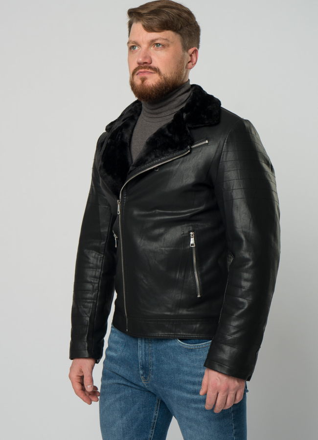 Мужская эко дубленка-косуха черного цвета модель № 21966 в рассрочку