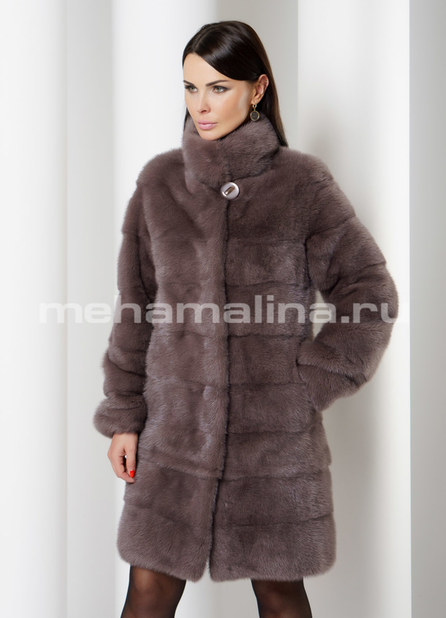 Шуба из норки с воротником стойка в цвете лаванда модель № S-735 меха малина