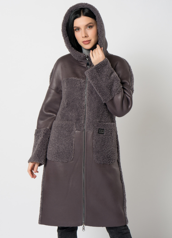 Дубленка из эко кожи комбинированная модель № 9762-1 универмаг малина